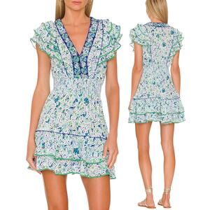 Poupette St Barth, NWT 'Camila' Mini Dress, Floral Ruffle, Blue Monaco, Medium